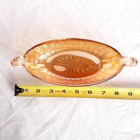 Vintage Iridescent Amber Carnival Glass Oval Ribbed Serving Dish with Handles - Picture 5 of 5